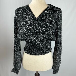 SHEIN Black & White Polka Dot Crop Blouse with Balloon Sleeves,   Size L